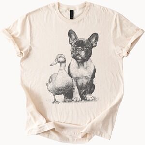 French Bulldog and Duck Sketch Graphic Tee Animal Lovers Art